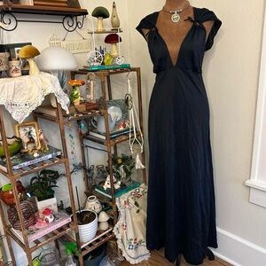 50s 60s Union Made Black Deep V-Neck Maxi Slip Dress w Tie Cap Sleeves by Avian